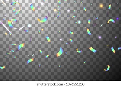 Falling Shiny Glitter rainbow Confetti with Sunshine Glare isolated. Iridescent Background. Mesh Holographic Foil Backdrop. Holographic Background with Light Glitch Effect. vector illustration.