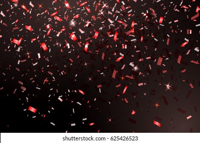 Falling Shiny Glitter red rain  Confetti  isolated on black background. Design template for  card, invitation, Decorative element. Vector illustration.