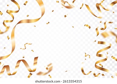 Falling shiny gold confetti and award ribbons, celebration design element