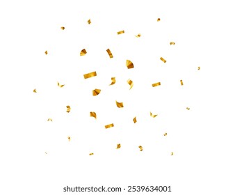 Falling shiny gold confetti. Bright golden festive tinsel for holiday banner, poster, flyer, invitation. Vector illustration