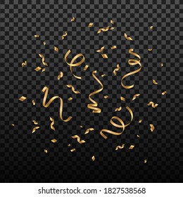 Falling shiny gold confetti and pieces of serpentine isolated on transparent background. Bright festive overlay effect with golden tinsels. Vector illustration.