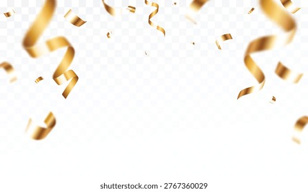 Falling shiny gold confetti and ribbons, for celebration, party, banner decoration template and background