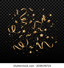 Falling shiny gold confetti, small stars and pieces of serpentine isolated on transparent background. Festive overlay effect with golden tinsels for New year and Christmas party. Vector illustration.