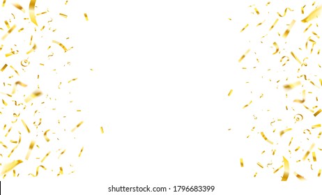 Falling shiny golden confetti background on white background. Premium luxury design sparkles and tinsel for party decoration. Gold paper pieces flying on both sides vector illustration