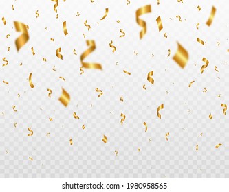 Falling shiny golden confetti. Bright festive tinsel of gold color.