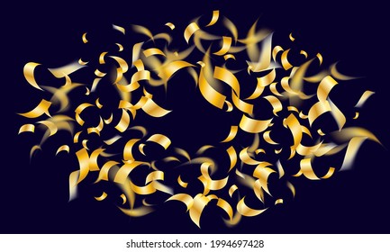 Falling shiny golden confetti. Bright festive tinsel of gold color.