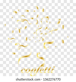 Falling shiny golden confetti glitters Isolated on Transparent Checkered Background. Glamour flying sparkle elements, gold foil texture serpentine streamers confetti. Vector illustration EPS10. 