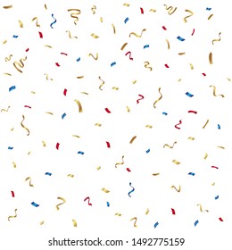 Falling shiny golden confetti glitters in red, blue and gold color. New year, birthday, valentines day design element. Holiday background. Vector illustration.