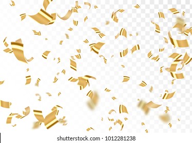 Falling shiny golden confetti isolated on transparent background. Bright festive tinsel of gold color.