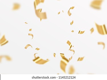 Falling shiny golden confetti isolated on white background. Bright festive tinsel of gold color.