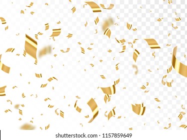 Falling shiny golden confetti isolated on transparent background. Bright festive tinsel of gold color.