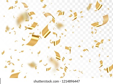 Falling shiny golden confetti isolated on transparent background. Bright festive tinsel of gold color.