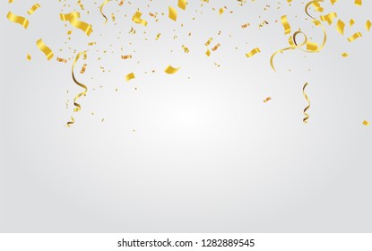 Falling shiny golden confetti isolated on transparent background. Bright festive tinsel of gold