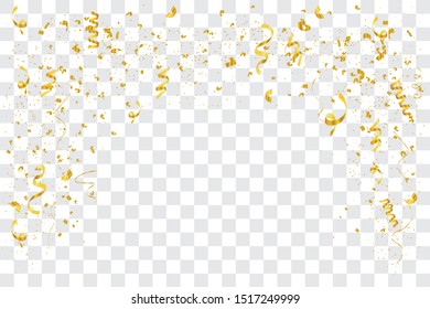 Falling shiny golden confetti isolated on transparent background. Bright festive tinsel of gold color. vector illustration EPS10