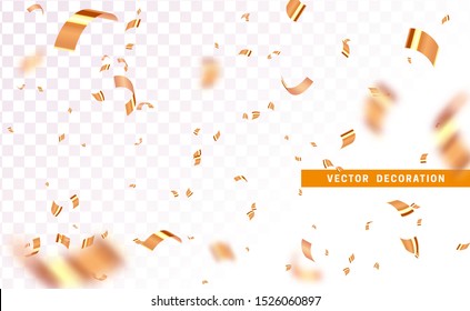 Falling shiny golden confetti isolated on transparent background. Bright festive tinsel of gold color.