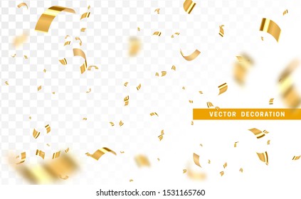 Falling shiny golden confetti isolated on transparent background. Bright festive tinsel of gold color.