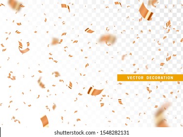 Falling shiny golden confetti isolated on transparent background. Bright festive tinsel of gold color.