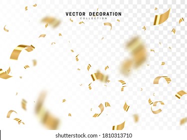 Falling shiny golden confetti isolated on transparent background. Bright festive tinsel of gold color.