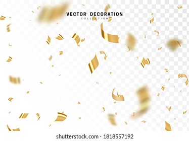 Falling shiny golden confetti isolated on transparent background. Bright festive tinsel of gold color. Vector illustration 