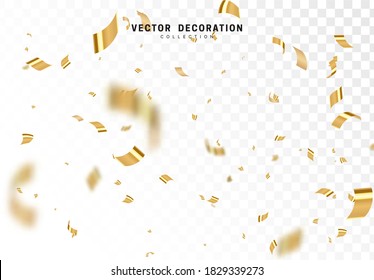 Falling shiny golden confetti isolated on transparent background. Bright festive tinsel of gold color. vector illustration Falling shiny golden confetti isolated on transparent background. Bright festive tinsel of gold color. vector illustration