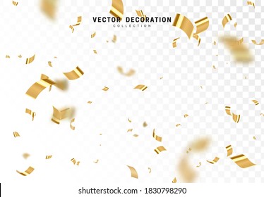 Falling shiny golden confetti isolated on transparent background. Bright festive tinsel of gold color. Vector illustration