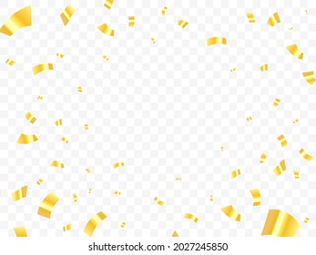 Falling shiny golden confetti isolated on transparent background. Bright festive tinsel of gold color.