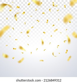 Falling shiny golden confetti isolated on a transparent background. Festive decoration for birthday party celebration or a new year