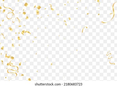 Falling shiny golden confetti isolated on transparent background.VIP flying sparkle elements, gold foil texture serpentine streamers confetti falling new year vector.