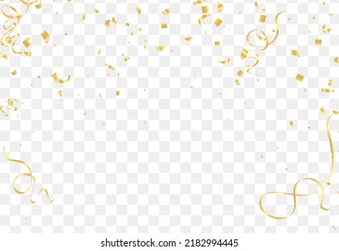 Confeti dorado brillante aislado en fondo transparente.Elementos brillantes voladores VIP, textura de lámina dorada serpentina streamers confetti caída vector de año nuevo.