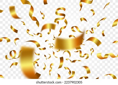 Falling shiny golden confetti isolated on transparent background. Realistic falling tinsel. Luxury anniversary template. Flying decoration elements.