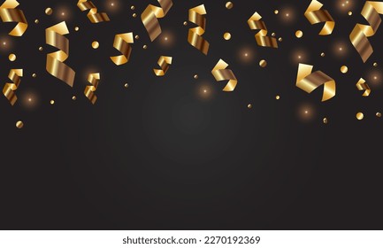Falling shiny golden confetti isolated on black background. Bright festive tinsel of gold color. Vector