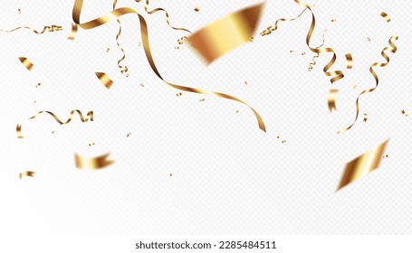 Falling shiny golden confetti isolated on white background. Bright festive gold-colored tinsel with blur elements. Vector