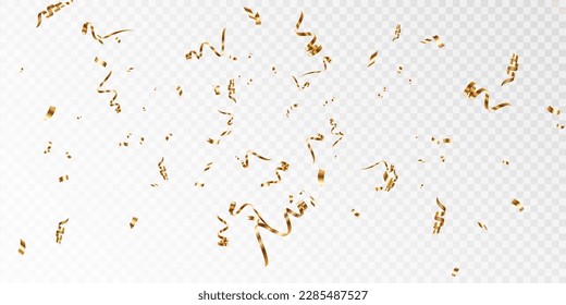 Falling shiny golden confetti isolated on white background. Bright festive gold-colored tinsel with blur elements. Vector