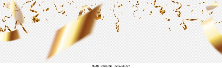 Falling shiny golden confetti isolated on white background. Bright festive gold-colored tinsel with blur elements. Vector