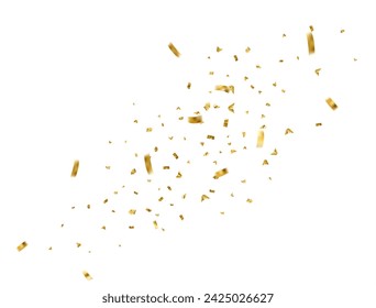 Falling shiny golden confetti isolated on white background. Bright festive tinsel of gold color. Vector illustration