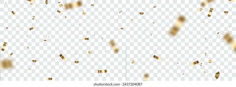 Falling shiny golden confetti isolated on transparent background. Bright festive tinsel of gold color. Vector illustration