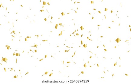 Falling shiny golden confetti isolated on white background. Bright festive tinsel of gold color, Gold paper pieces and serpentine, Confetti explosion, Party Celebration with Ribbons And Particles.