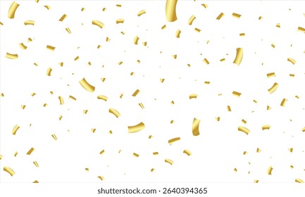 Falling shiny golden confetti isolated on white background. Bright festive tinsel of gold color, Gold paper pieces and serpentine, Confetti explosion, Party Celebration with Ribbons And Particles.