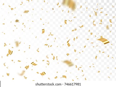 Falling shiny golden confetti isolated on transparent background. Bright festive tinsel of gold color.