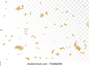 Falling shiny golden confetti isolated on transparent background. Bright festive tinsel of gold color.