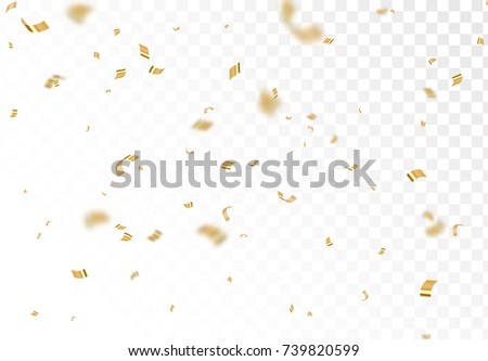 Falling shiny golden confetti isolated on transparent background. Bright festive tinsel of gold color.