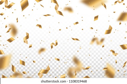 Falling shiny golden confetti and pieces of serpentine isolated on transparent background. Bright festive overlay effect with gold tinsels. Vector illustration.