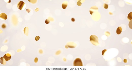 Confeti dorado brillante que cae, brillo redondo en un fondo brillante claro. Brillante oropel festivo de color dorado. Ilustración vectorial