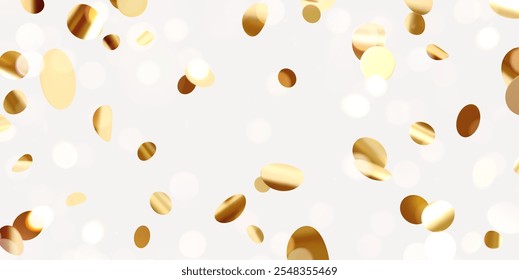 Confete dourado brilhante em queda, brilho redondo em um fundo brilhante claro. Cinzeiro festivo brilhante de cor dourada. Ilustração vetorial