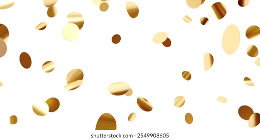 Falling shiny golden confetti, round glitter on a light bright background. Bright festive tinsel of gold color. Vector illustration