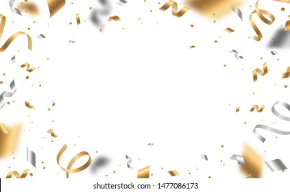 Falling Shiny Golden And Silver Confetti And Pieces Of Serpentine Isolated On White Background. Bright Festive Overlay Effect With Gold And Gray Tinsels. Vector Illustration