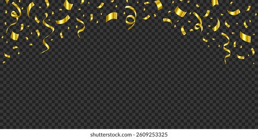 Falling shiny golden win confetti isolated on transparent black background vector illustration