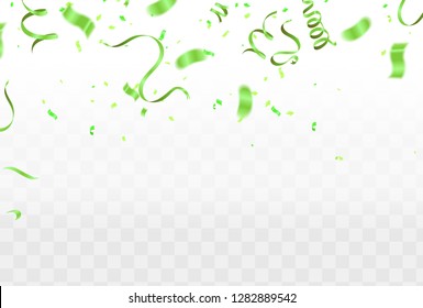 Falling shiny green confetti isolated on transparent background