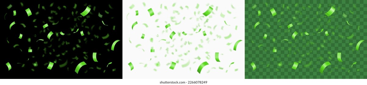Falling Shiny Green Confetti. Green Serpentine isolated on white, black and transparent golden background. Bright festive green tinsel. Realistic 3d vector illustration