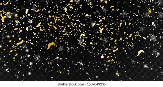 Falling shiny particles, Golden Confetti, stars, gold glitter texture, Christmas Shining snow, snowflakes isolated on transparent background. Holiday Decorative tinsel element for Design. vector.